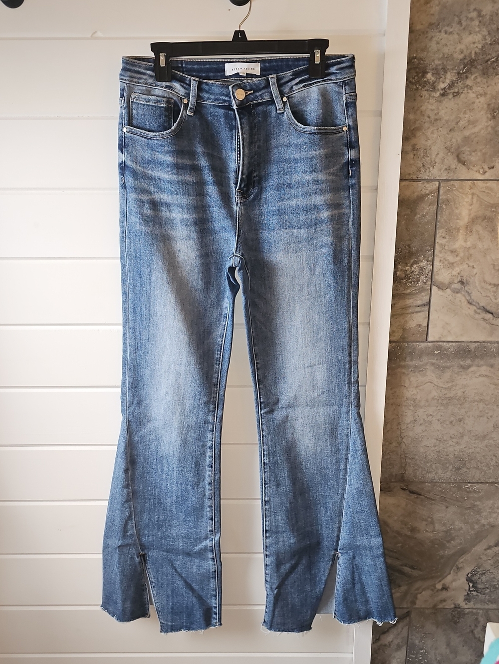 Risen Medium Blue Split-Hem Flare Jeans